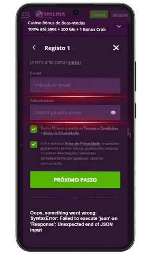 Etapa 1 do registo Malina