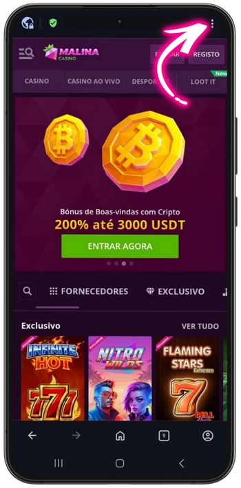 Malina Casino menu Android browser