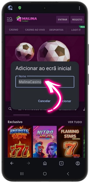 Malina Casino nome do atalho Android