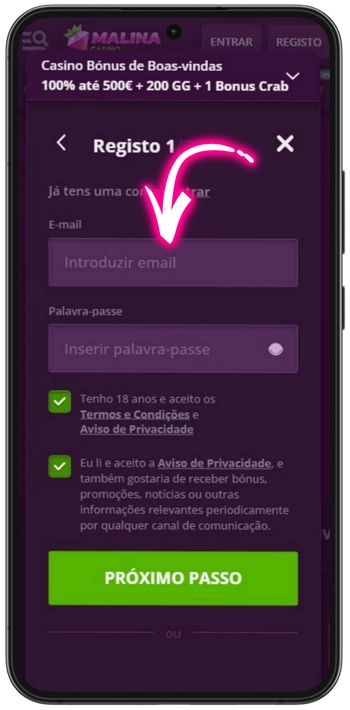 Formulário de registo com email no Malina Casino